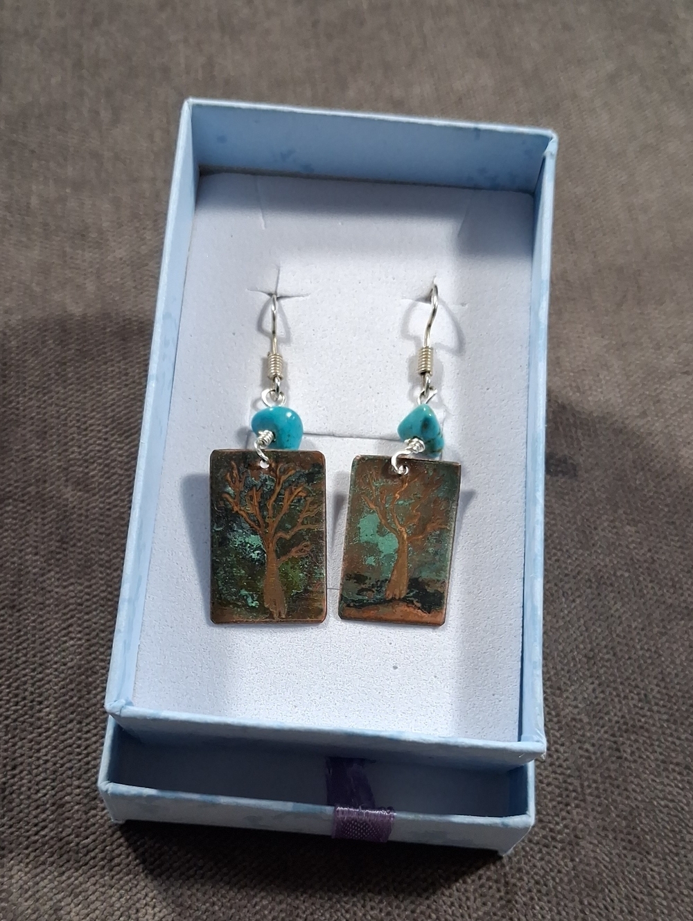 Artist Signed Etched Painted Copper Turquoise Tree of Life Dangle Earrings NEW